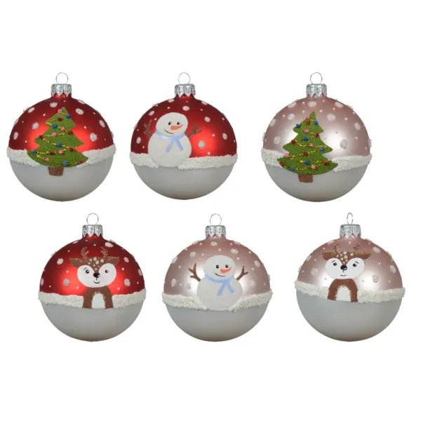 6er Set Weihnachtskugeln aus Glas (D80 mm) Fantasie Schneebedeckt Mehrfarbig