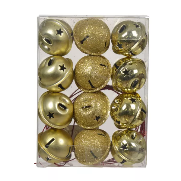 Set von 12  Gl�ckchen zum Aufh�ngen (D3 cm) Weihnachtssterne Gold