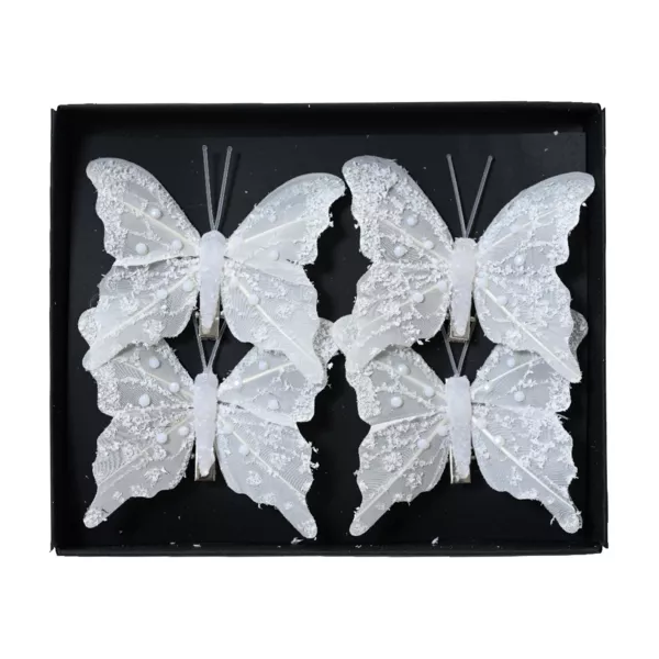 Set von 4 Schmetterlingen auf Clip (H8 cm) Glitzer und Perlen Winterwei�
