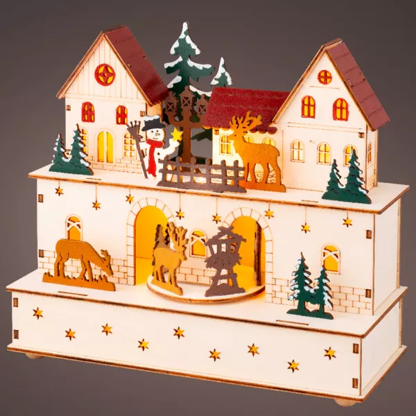 Village de No�l en bois lumineux et musical � piles (24 x H21 cm) Village et animaux