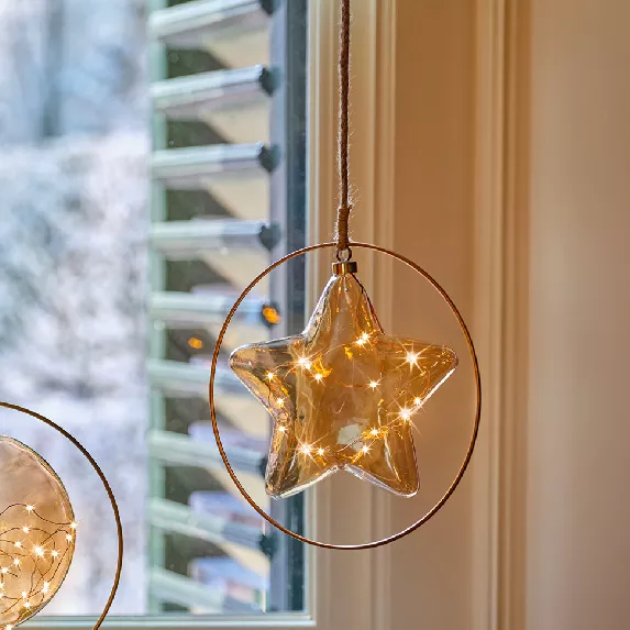Decorazione da appendere luminosa a pile 15 LED (D26 cm) Stella Invernale Ambra/bianco caldo
