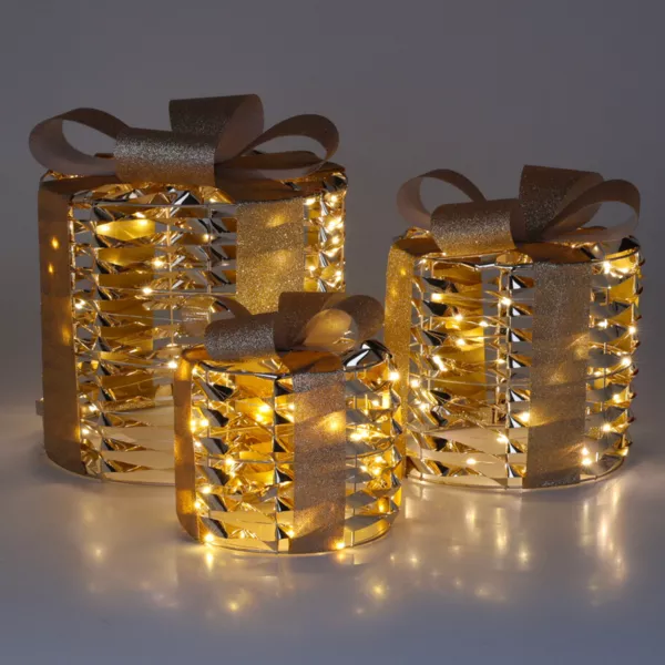 Set di 3 regali luminosi 135 LED (H25 cm) Rotondo e chic Oro