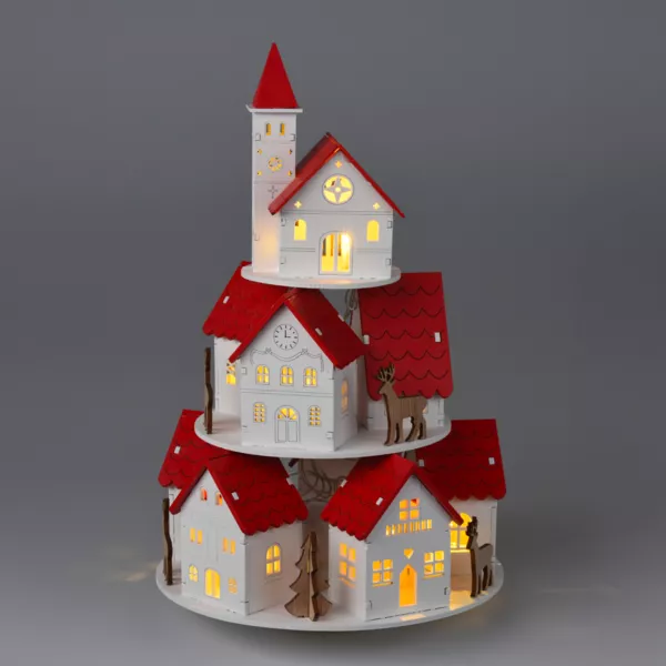 Village de No�l en bois lumineux � piles (H30 cm) Maisons toits rouges