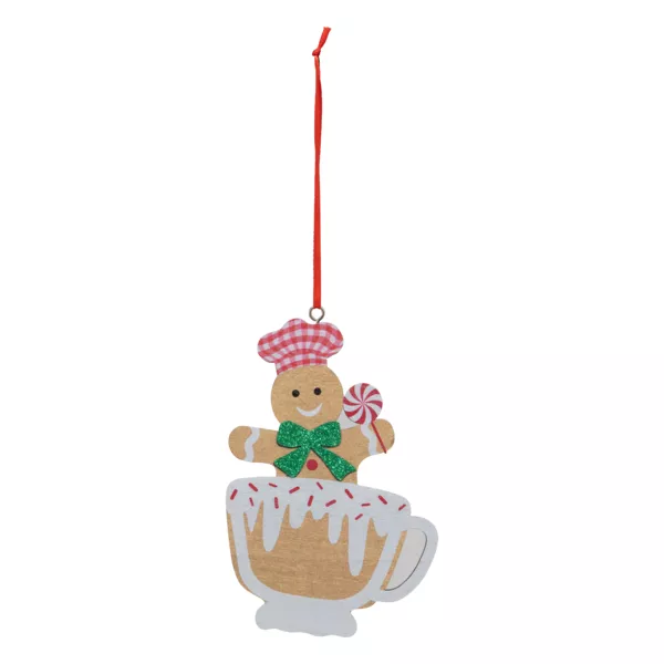 Kerstophanging in hout (H12 cm) Kokspoppetje en kopje