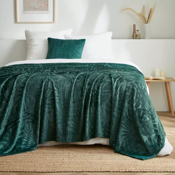 Plaid doux flanelle (220 x 240 cm) Flore Vert