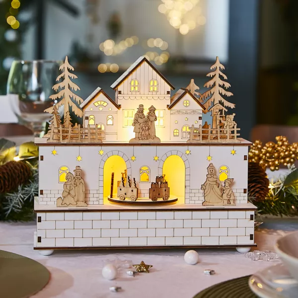 Villaggio di Natale in legno luminoso e musicale a pile (21 x H24 cm) Villaggio in festa