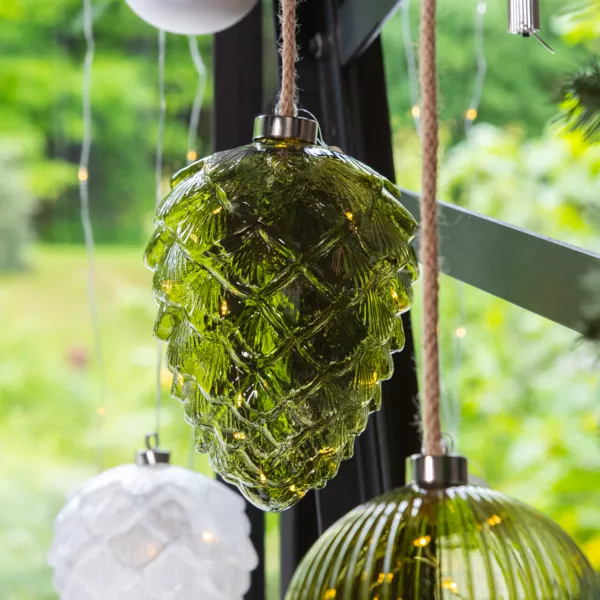 Beleuchteter Tannenzapfen aus Glas Batteriebetrieben15 LED (H21 cm) Vintage Teegr�n/Warmwei�