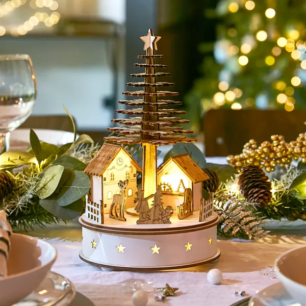 Kerstdorp van verlicht en muzikaal hout op batterijen (H25 cm) Kerstboom