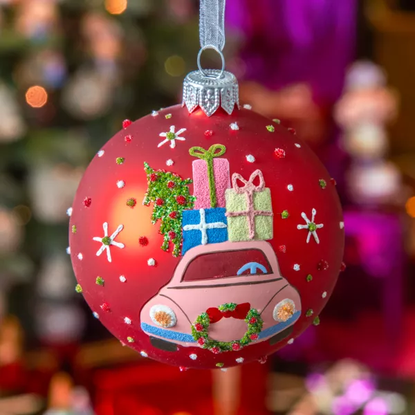 6er Set Weihnachtskugeln aus Glas (D80 mm) Festliches Auto Rot