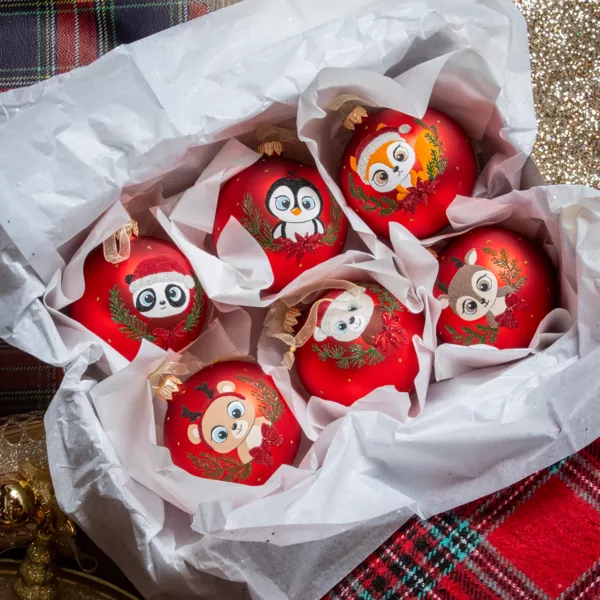 Lote de 6 bolas de Navidad de vidrio (D80 mm) Animales Ojos de cierva