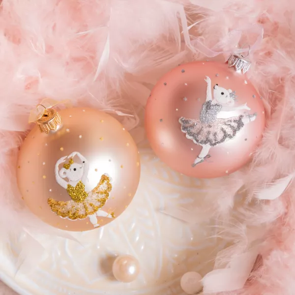 6er Set Weihnachtskugeln aus Glas (D80 mm) Ballerinas Rosa und Perlen