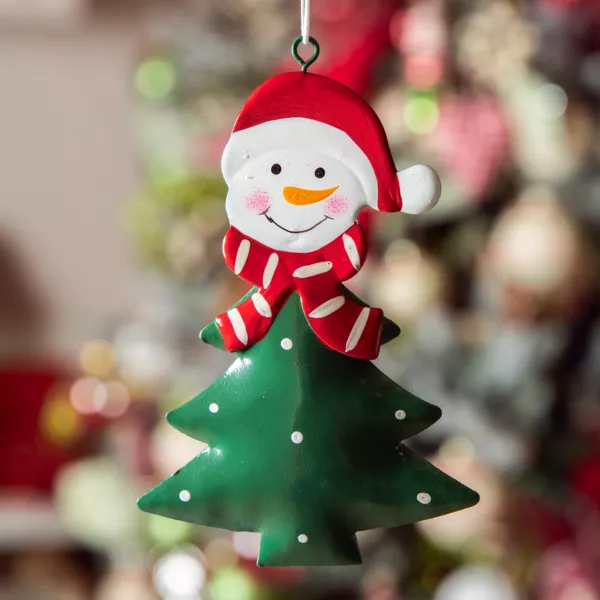 Metallschneemann zum Aufh�ngen (H12 cm) Tannenbaum und gr�nen Punkte