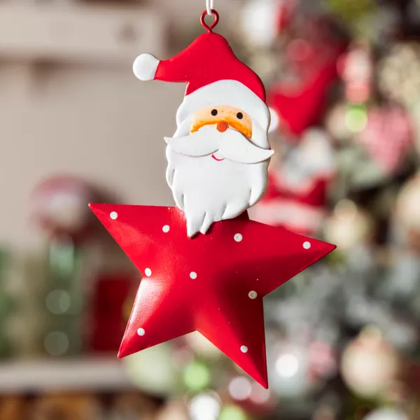 Pap� Noel para colgar en metal (H12 cm) Estrella y puntos Rojo