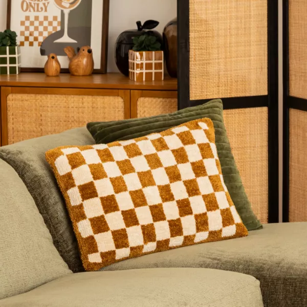 Coussin rectangulaire tuft� (38 x 58 cm) Damier Jaune ocre