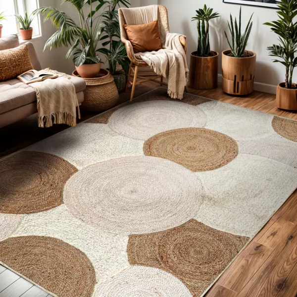 Rektangul�rt h�ndflettet jutet�ppe til stuen (160 x 230 cm) Reina Beige