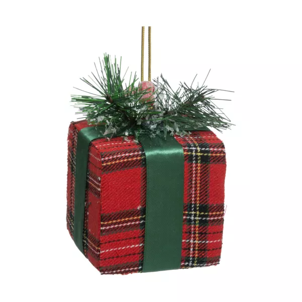 Kerstophanging (H12 cm) Tartan cadeau Groen en rood