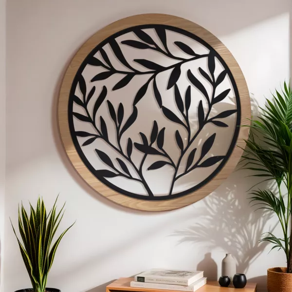 Ronde metalen muurdecoratie (D60 cm) Bladschittering Zwart