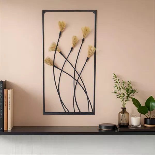 Metalen en linnen muurdecoratie (H80 cm) Natuur Zwart