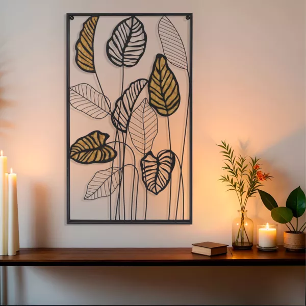 Decorazione murale in metallo (Alt 82 cm) Foglie in rattan Nero