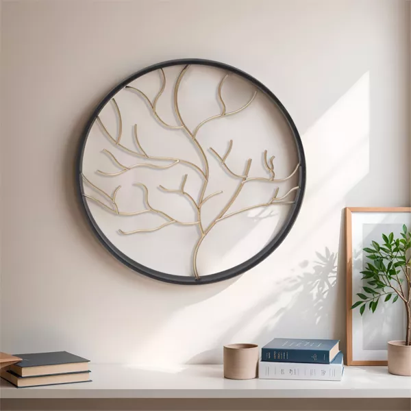 Rund v�gdekoration i metal (D28 cm) Moderne tr� Sort og guld