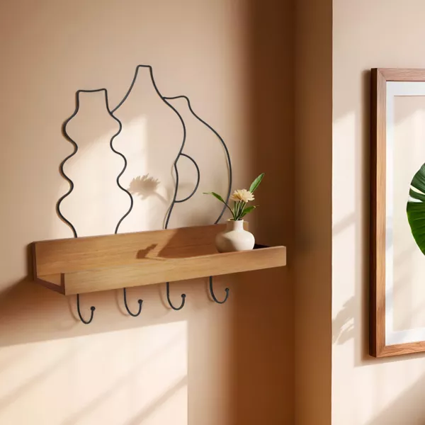 Muursleutelhouder met houten plank (42 cm) Ontwerp Zwart en natuurlijk