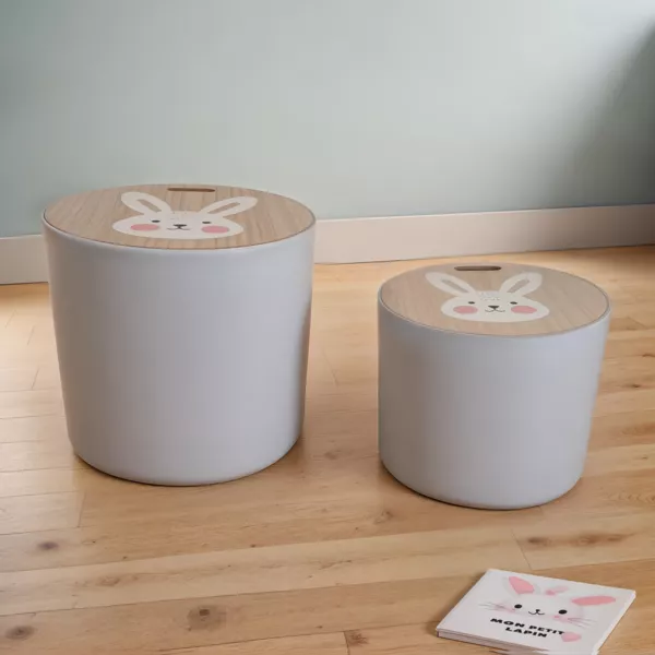 S�t med 2 gigogne opbevaringspuffer til b�rn i tr� (H31 og 24 cm) Kanin Gr�