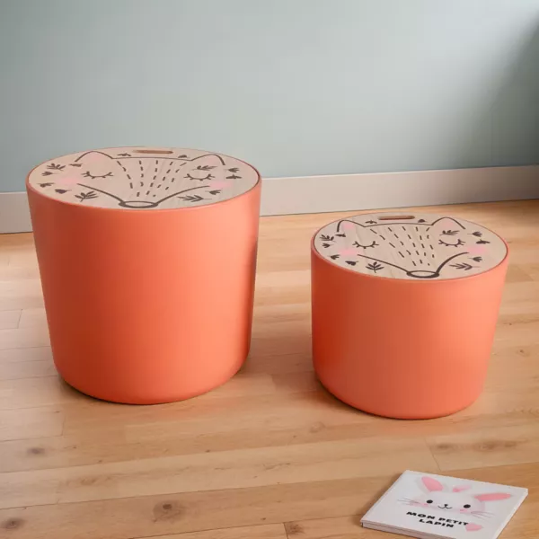 Set van 2 nestelende opbergpoefs voor kinderen hout (H31 en 24 cm) Vosje Terrakotta