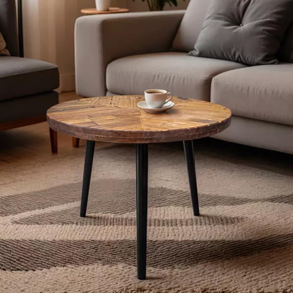 Tavolino rotondo in legno (Alt 40 cm) Davao Nero e marrone