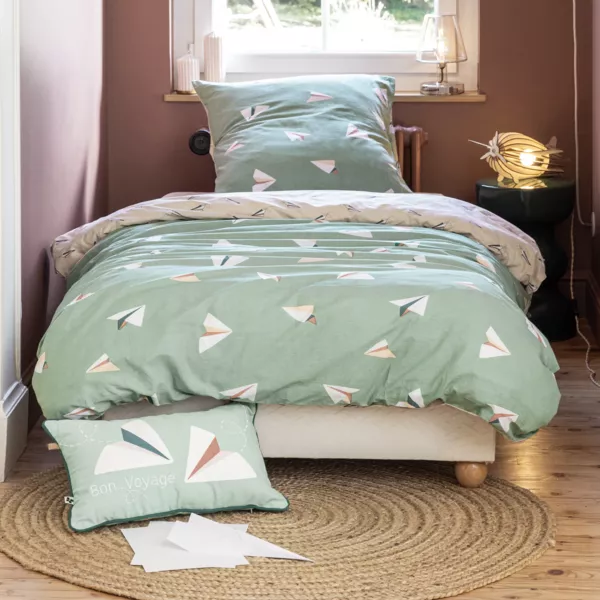 Funda n�rdica y dos fundas de almohada infantil de algod�n (200 x 200 cm) Petits papiers Verde