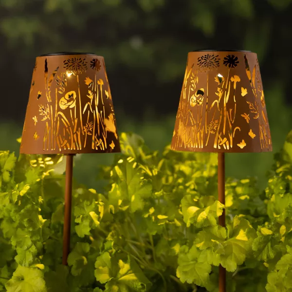 Lot de 2 bornes de jardin solaire LED (H58 cm) Floral Brun rustique