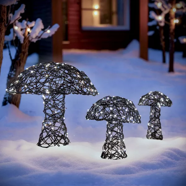 Set di 3 funghi luminosi 260 Micro LED (H45 cm) Resina intrecciata Marrone/Bianco caldo