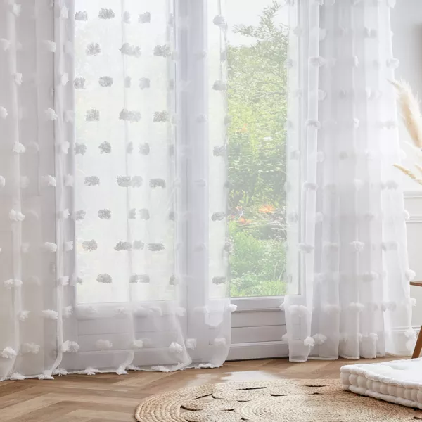 Tenda con occhielli con pon pon (180 x 240 cm) Suzie Bianco