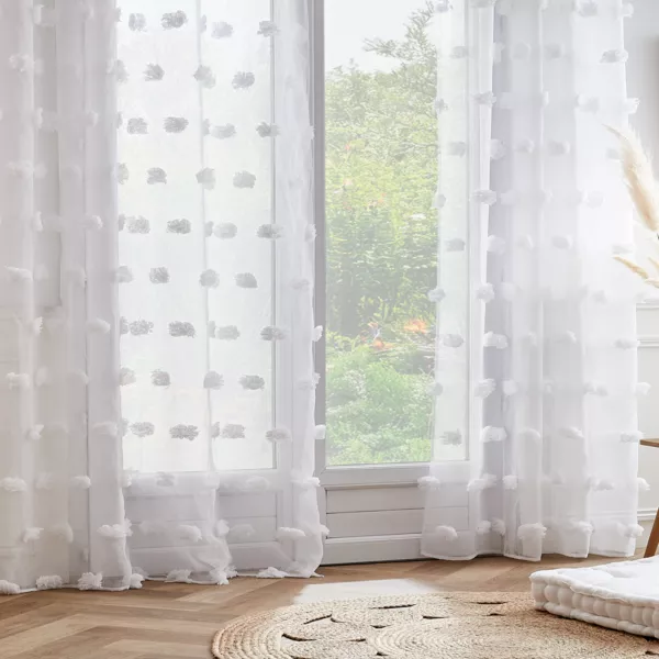 Tenda trasparente con occhielli e pon pon (140 x 240 cm) Suzie Bianco