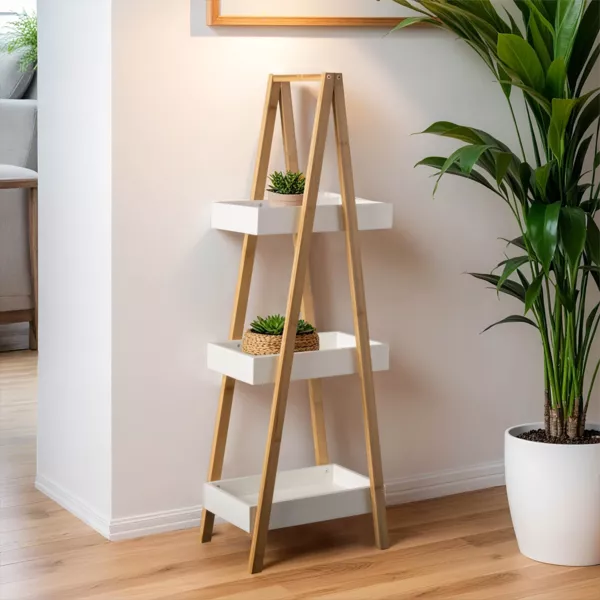 Etag�re bois et bambou (H84 cm) Pyramide 3 niveaux Blanche