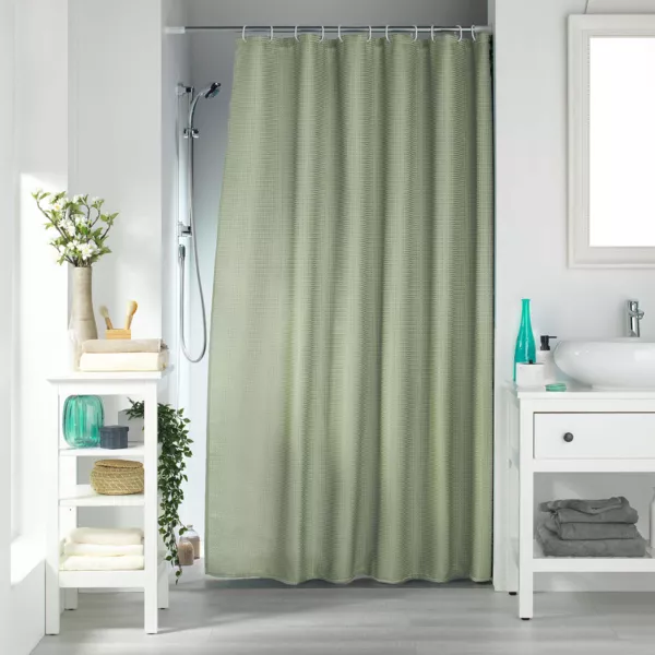 Cortina de ducha con efecto tejido con anillas (180 x 200 cm) Cuarzo Verde Pino