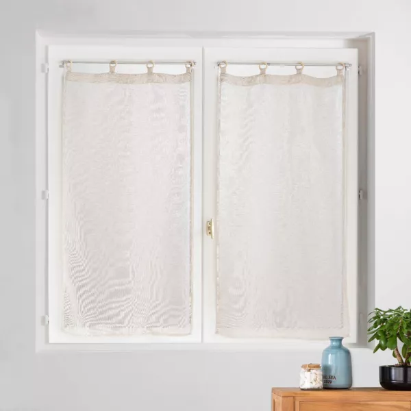 Coppia di tende trasparenti tessute con occhielli legno (60 x 120 cm) Davina Bianca