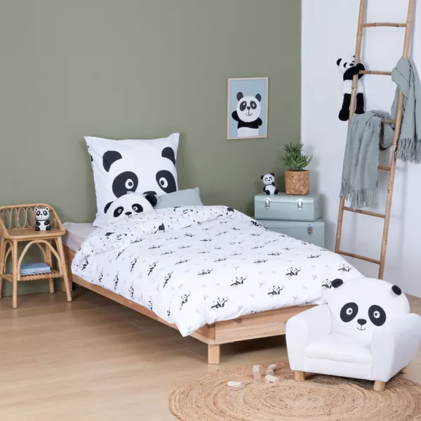 Housse de couette et une taie enfant coton (140 x 200 cm) Panda Noire