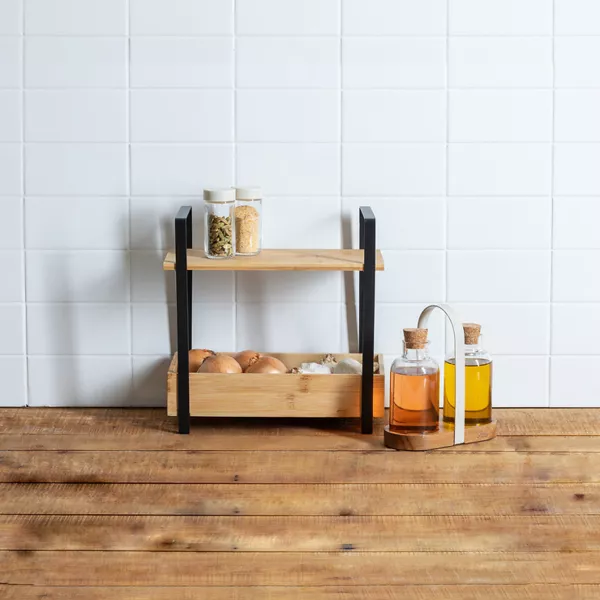 Scaffale cucina in legno a 2 livelli con contenitore (H30 cm) Ordera Nero