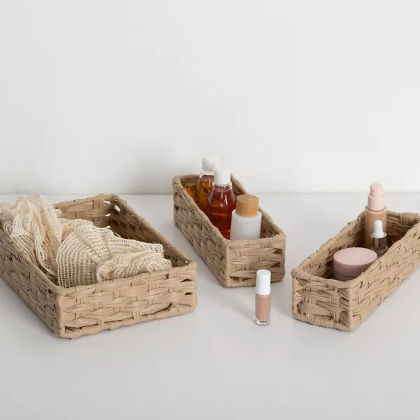 Set van 3 gevlochten lage opbergmanden (27 x 20 cm) Garlic Beige