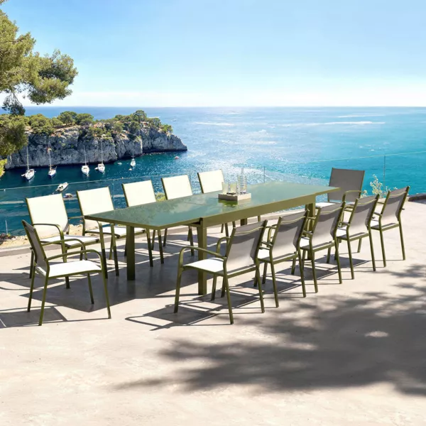 Tavolo da giardino allungabile in vetro 12 posti (200/320 x 100 cm) Murano Verde oliva