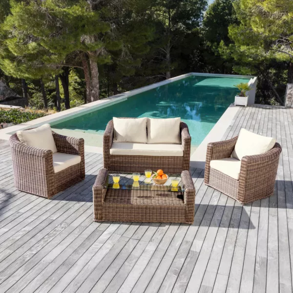 Salotto da giardino in resina intrecciata 4 posti 4 pezzi Calvi Seppia e beige