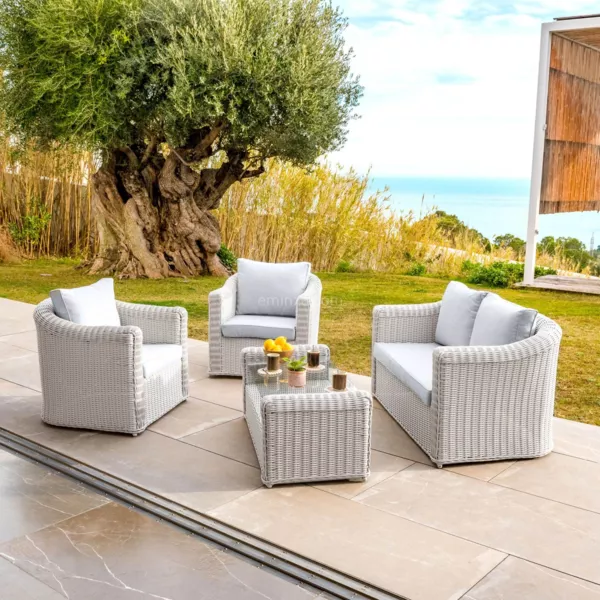 Salon de jardin en r�sine tress�e 4 places 4 pcs Calvi Blanc et gris clair