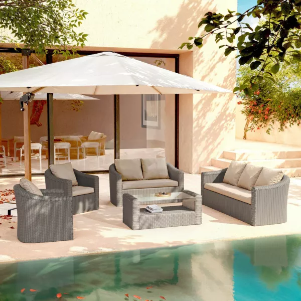 Salon de jardin en r�sine tress�e 7 places 5 pcs Calvi Gris et taupe