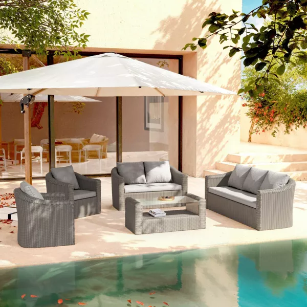 Salon de jardin en r�sine tress�e 7 places 5 pcs Calvi Gris et gris clair