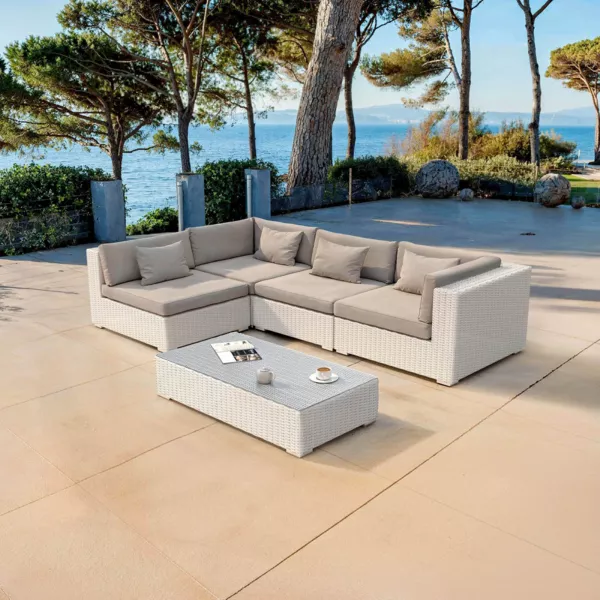 Salon de jardin en r�sine tress�e 4 places 5 pcs Palma Blanc et taupe