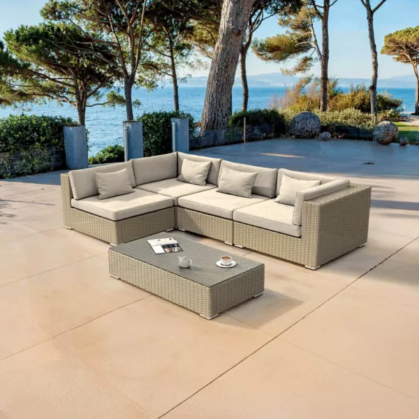 Salon de jardin en r�sine tress�e 4 places 5 pcs Palma Gris et beige
