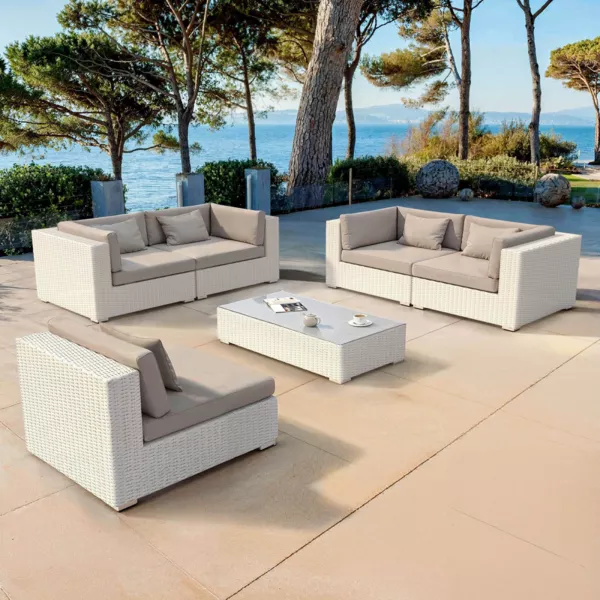 Salon de jardin en r�sine tress�e 5 places 6 pcs Palma Blanc et taupe