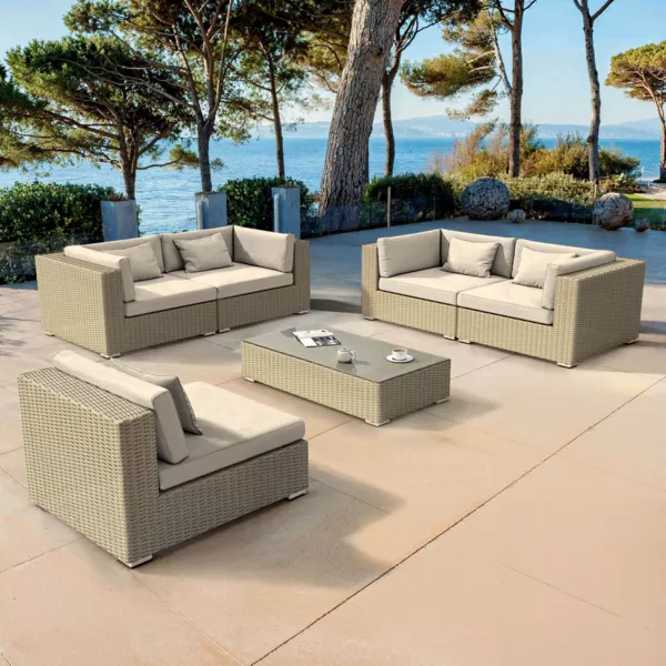 Salon de jardin en r�sine tress�e 5 places 6 pcs Palma Gris et beige