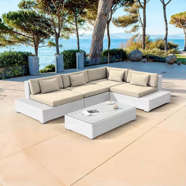 Salon de jardin d'angle en r�sine tress�e 5 places Palma Blanc et beige