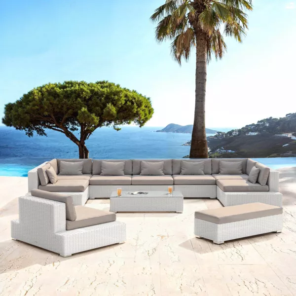 Salon de jardin en r�sine tress�e 9 places 9 pcs Palma Blanc et taupe